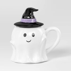 Hyde & EEK Mini Ghost Mug w/‎ Hat Lid 7.8oz Stoneware Halloween Coffee Cup NEW